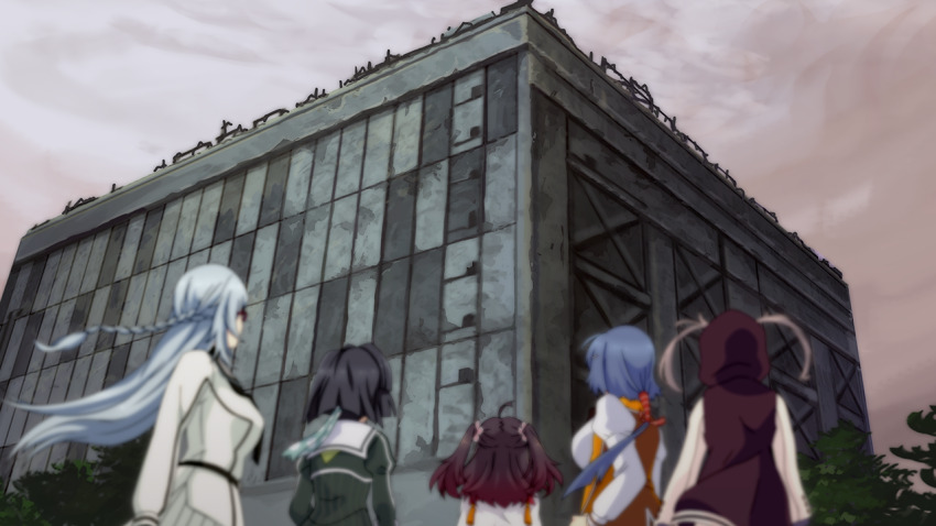 5girls ahoge asakura_mihono ayanokouji_martial_arts_school_uniform black_hair blurry blurry_foreground braid breasts brown_jacket building dress floating_hair from_behind game_cg green_dress grey_hair hair_through_hood half_up_braid heijou_institute_school_uniform hood hood_up hooded_jacket jacket kitora_mirja large_breasts long_hair long_sleeves medium_hair minoseki_gakuin_uniform multiple_girls musumi_kiyoka non-web_source orange_jacket osafune_girls_academy_school_uniform outdoors renpu_girls_school_uniform school_uniform setouchi_chie shichinosato_kofuki shirt short_hair sidelocks sky standing toji_no_miko toji_no_miko:_kizamishi_issen_no_tomoshibi tree two_side_up white_shirt winter_uniform