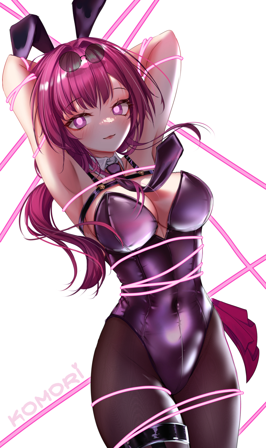 1girl absurdres animal_ears armpits arms_up breasts cleavage covered_navel cowboy_shot detached_collar fake_animal_ears highres honkai:_star_rail honkai_(series) kafka_(honkai:_star_rail) komori leotard long_hair looking_at_viewer pantyhose playboy_bunny purple_eyes purple_hair purple_leotard rabbit_ears solo strapless strapless_leotard wrist_cuffs