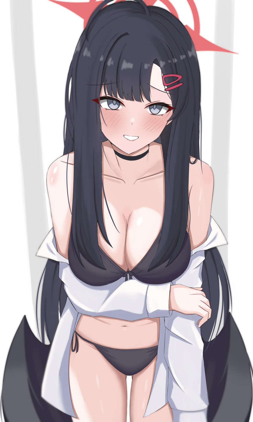 1girl absurdres angel_wings bare_shoulders bikini black_bikini black_choker black_hair black_wings blue_archive breasts choker grey_eyes halo highres ichika_(blue_archive) large_breasts long_hair navel red_halo shirt solo swimsuit thighs white_shirt wings woodhxx