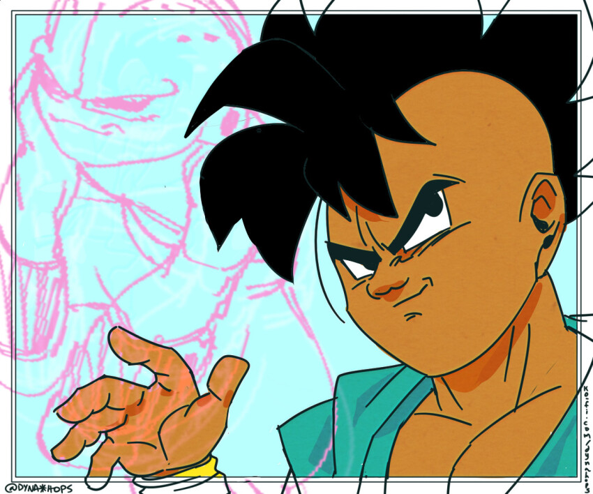 black_eyes black_hair dark-skinned_male dark_skin dragon_ball kid_buu majin_buu reincarnation serious smile tagme uub
