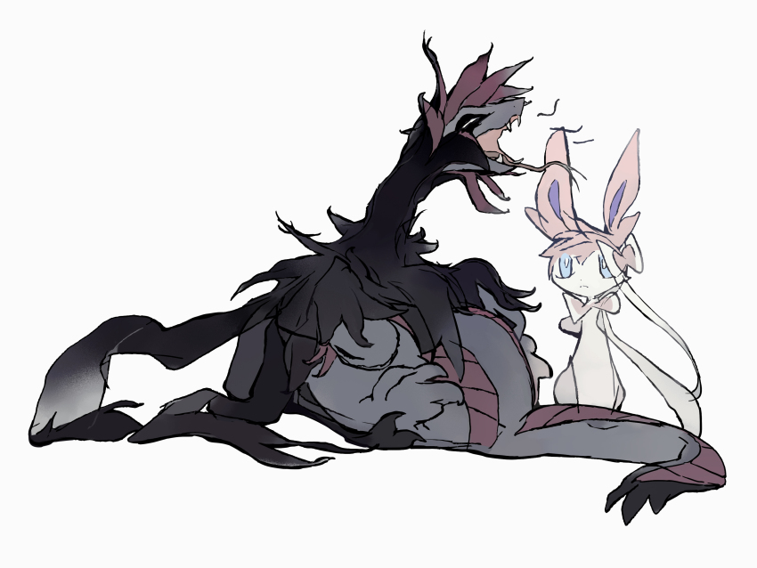 absurdres black_fur black_sclera black_wings blue_eyes blue_skin bow bright_pupils claws colored_sclera colored_skin fangs forked_tongue gen_5_pokemon gen_6_pokemon highres hydreigon keroreud large_ears multiple_heads nintendo no_humans pink_bow pokemon pokemon_(creature) pokemon_focus purple_scales ribbon simple_background sketch sleepy sylveon tongue white_background white_fur white_pupils white_ribbon wings yawning