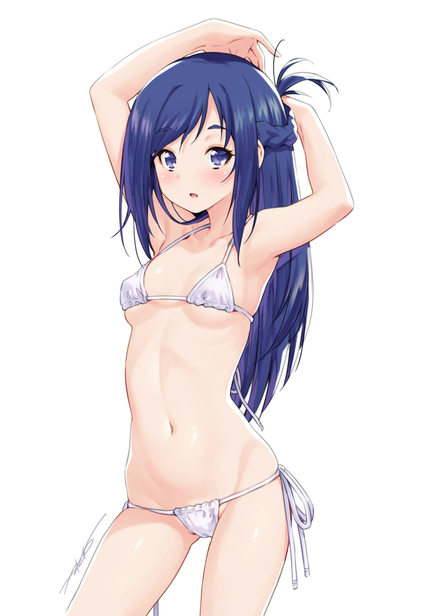 1girl absurdres armpits arms_behind_head arms_up bikini blue_eyes blue_hair braid breasts collarbone commentary cowboy_shot dokidoki!_precure half_up_braid halterneck hands_in_hair highres hishikawa_rikka kazuma_muramasa long_hair looking_at_viewer micro_bikini navel precure side-tie_bikini_bottom signature simple_background small_breasts solo standing stomach swimsuit thighs white_background white_bikini