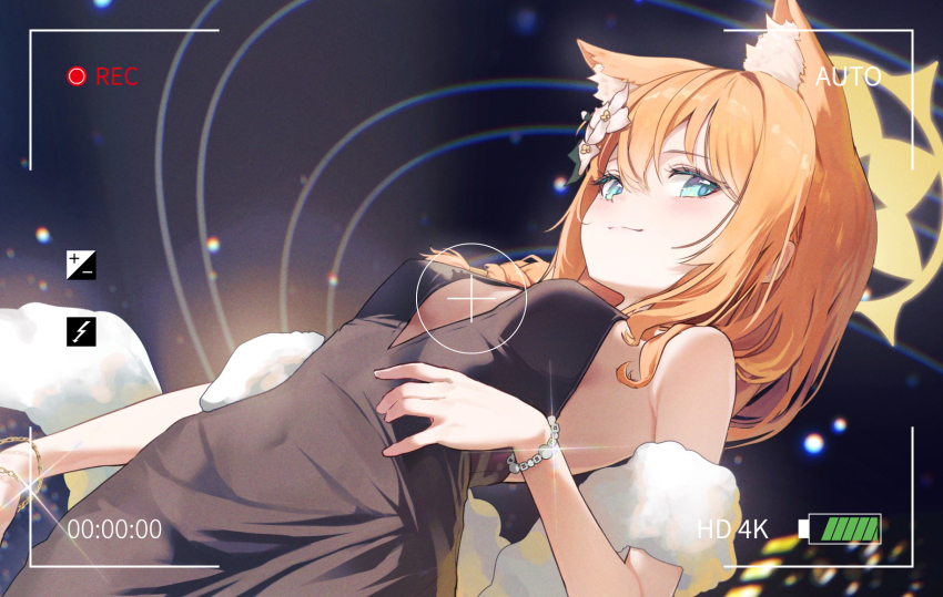 1girl alternate_costume animal_ear_fluff animal_ears black_dress blue_archive blush bracelet breasts cat_ears chiu538 cleavage_cutout clothing_cutout commentary covered_navel dress feather_boa flower from_below glint green_eyes hair_between_eyes hair_flower hair_ornament halo highres jewelry looking_at_viewer looking_down mari_(blue_archive) medium_breasts medium_hair night night_sky orange_hair outdoors sideboob sky sleeveless sleeveless_dress smile solo symbol-only_commentary upper_body viewfinder white_flower yellow_halo