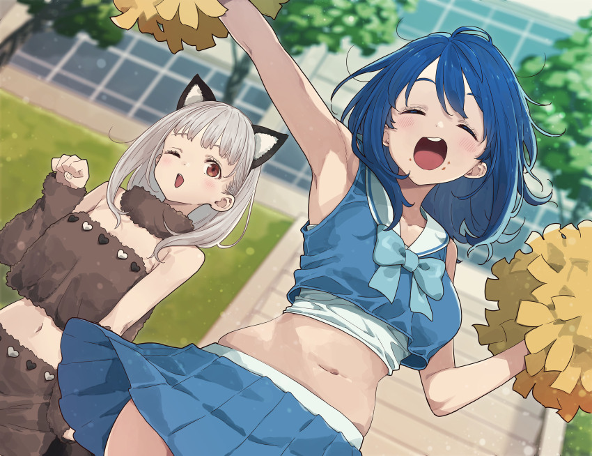 2girls absurdres ahoge animal_ears armpits bare_shoulders blue_hair blue_sailor_collar blue_shirt blue_skirt blush brown_collar brown_eyes brown_shirt brown_skirt brown_sleeves building cat_ears cheerleader clenched_hand closed_mouth collar commentary_request crop_top cropped_shirt crumbs day detached_sleeves fur_collar fur_shirt fur_skirt grey_hair hand_up hands_up highres holding holding_pom_poms imigimuru ladder make_heroine_ga_oo_sugiru! medium_hair miniskirt multiple_girls navel novel_illustration off-shoulder_shirt off_shoulder official_art one_eye_closed open_mouth outdoors pleated_skirt pom_pom_(cheerleading) pom_poms sailor_collar second-party_source shiratama_riko shirt skindentation skirt sleeveless sleeveless_shirt stomach tree window yanami_anna