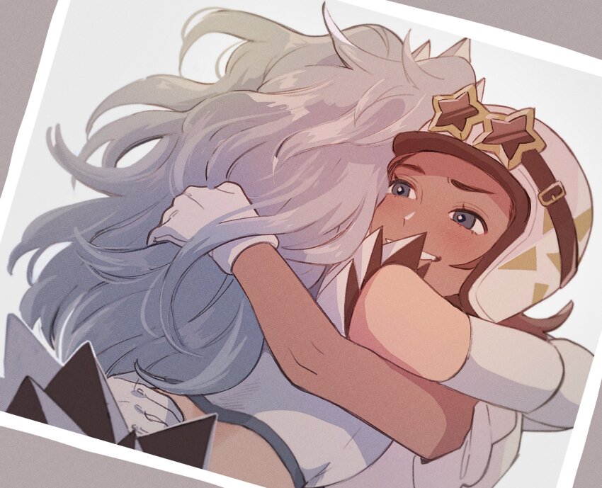 2girls blush bright_pupils carmen_(pokemon) commentary_request cropped_shirt curly_hair detached_sleeves drawing_(object) eri_(pokemon) eyelashes eyewear_on_headwear gloves grey_eyes grey_hair grin helmet highres hug long_hair multiple_girls nintendo osg_pk pokemon pokemon_sv shirt smile star-shaped_eyewear star_(symbol) sunglasses team_star teeth white_gloves white_shirt