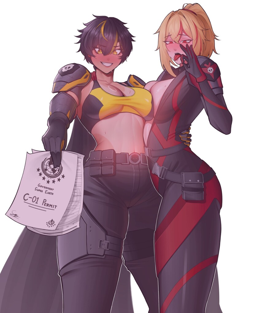 2girls alfa_(alpharig) asymmetrical_docking black_bodysuit black_gloves black_hair black_pants blonde_hair blush bodysuit breast_press breasts c-01_permit_(helldivers) center_opening cleavage english_text fellatio_gesture from_below full-face_blush gloves grin helldiver_(helldivers) helldivers_(series) highres holding holding_paper large_breasts looking_at_viewer medium_breasts multicolored_hair multiple_girls open_mouth pants paper red_eyes red_hair simple_background smile stomach teeth tongue tongue_out two-tone_hair unzipped white_background yellow_eyes