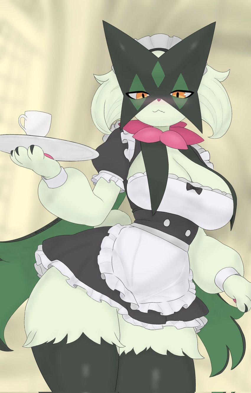 1girl apron black_bow black_dress black_fur body_fur bow bowtie breasts claws cleavage contrapposto cowboy_shot cup dress frilled_apron frilled_sleeves frills furry furry_female green_hair highres holding holding_tray large_breasts layered_sleeves long_hair long_sleeves looking_at_viewer low_ponytail maid maid_headdress mask meowscarada microdress nintendo pink_bow pink_bowtie pokemon pokemon_(creature) ponytail puffy_short_sleeves puffy_sleeves red_bow shay_the_one short_over_long_sleeves short_sleeves solo tail thick_thighs thighs tray two-tone_dress two-tone_fur very_long_hair waist_apron white_apron white_dress white_hair