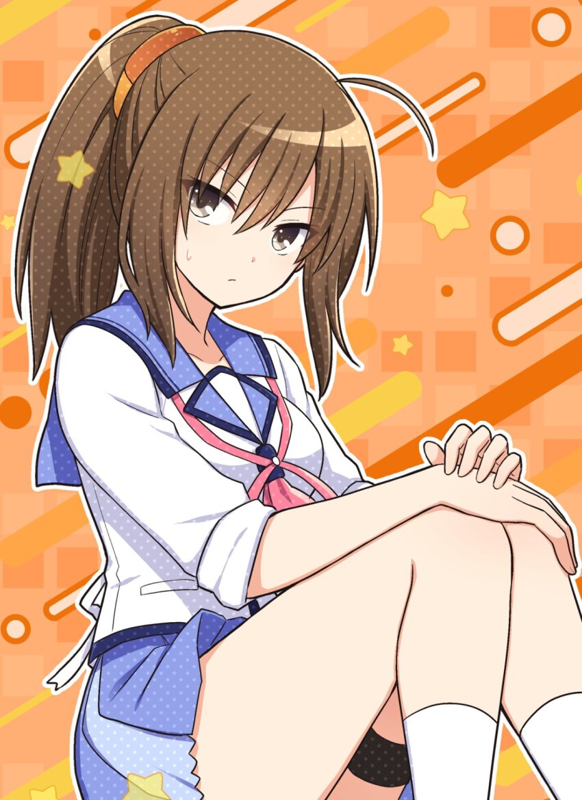 1girl :/ ahoge angel_beats! blue_skirt brown_eyes brown_hair closed_mouth eyes_visible_through_hair feet_out_of_frame frown hair_between_eyes hands_on_own_knees hashtag-only_commentary high_ponytail highres hisako_(angel_beats!) kneehighs knees_up long_hair long_sleeves looking_at_viewer miniskirt nakamura_hinato neckerchief orange_background outline pink_neckerchief pleated_skirt polka_dot ponytail shinda_sekai_sensen_uniform shirt sidelocks simple_background sitting skirt sleeves_rolled_up socks solo sweatdrop thigh_strap thighs v-shaped_eyebrows white_outline white_shirt white_socks