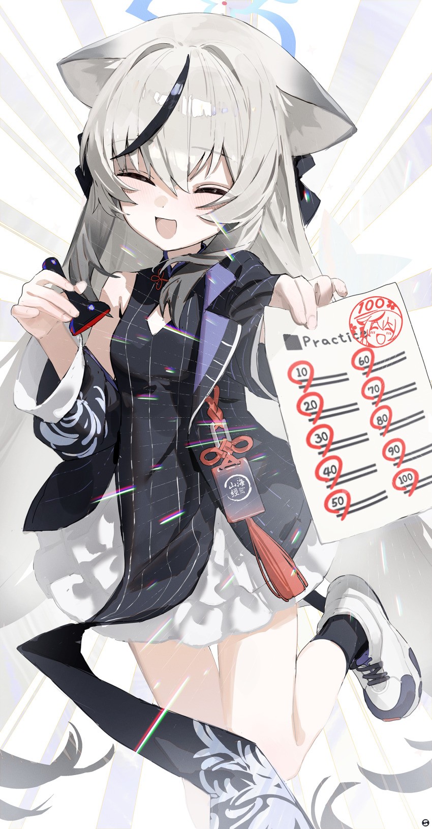 1girl ^_^ absurdres animal_ears black_dress black_socks black_streaks blue_archive blue_halo blush china_dress chinese_clothes closed_eyes commentary_request diamond_cutout dress grey_hair halo highres holding holding_paper ink_stamp kokona_(blue_archive) long_hair looking_at_viewer open_mouth paper pelvic_curtain shoes skirt smile socks solo songchuan_li striped_clothes striped_dress thighs tiger_ears tiger_girl vertical-striped_clothes vertical-striped_dress white_shoes white_skirt
