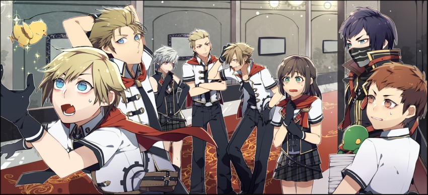 2girls 6+boys ace_(fft-0) arms_behind_head arms_up bad_id bad_pixiv_id belt bird black_gloves black_hair black_necktie blonde_hair blue_eyes brown_hair chick chocobo crossed_arms deuce_(fft-0) eight_(fft-0) elbow_gloves fang final_fantasy final_fantasy_type-0 gloves green_eyes hair_slicked_back hand_on_own_head indoors jack_(fft-0) jacket king_(fft-0) kiragera kurasame_susaya long_hair looking_at_another looking_to_the_side looking_up multiple_boys multiple_girls necktie nine_(fft-0) open_mouth pants parted_lips pink_eyes pleated_skirt school_uniform seven_(fft-0) short_hair short_sleeves silver_hair skirt sleeveless sparkle standing sweatdrop teeth tonberry undercut