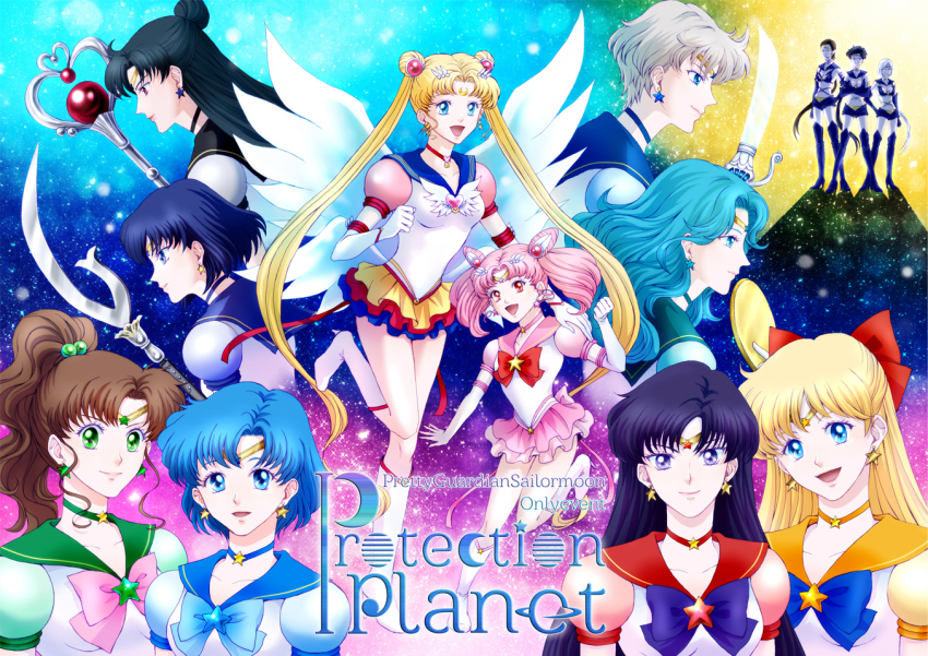 1990s_(style) 6+girls :d aino_minako aqua_hair bishoujo_senshi_sailor_moon bishoujo_senshi_sailor_moon_s bishoujo_senshi_sailor_moon_sailor_stars bishoujo_senshi_sailor_moon_stars black_hair black_neckwear blonde_hair blue_bow blue_eyes blue_hair blue_sailor_collar boots bow brooch brown_hair chibi_usa choker cone_hair_bun crescent crescent_facial_mark crossed_arms deep_aqua_mirror double_bun elbow_gloves eternal_sailor_moon facial_mark forehead_mark garnet_rod gloves green_eyes hair_bow hair_bun hair_ornament hairpin half_updo heart heart_brooch high_ponytail hino_rei jewelry kaiou_michiru kino_makoto knee_boots layered_skirt long_hair magical_girl meiou_setsuna mizuno_ami multicolored_background multiple_girls open_mouth pink_bow pink_hair ponytail profile purple_hair red_bow red_eyes retro_artstyle sailor_chibi_moon sailor_collar sailor_jupiter sailor_mars sailor_mercury sailor_moon sailor_neptune sailor_pluto sailor_saturn sailor_senshi sailor_star_fighter sailor_star_healer sailor_star_maker sailor_uranus sailor_venus seiya_kou short_hair shorts silence_glaive single_hair_bun skirt smile space_sword standing standing_on_one_leg star_brooch suji super_sailor_chibi_moon_(stars) super_sailor_jupiter_(stars) super_sailor_mars_(stars) super_sailor_mercury_(stars) super_sailor_neptune_(stars) super_sailor_pluto_(stars) super_sailor_saturn_(stars) super_sailor_uranus_(stars) super_sailor_venus_(stars) taiki_kou ten&#039;ou_haruka thigh_boots thighhighs tiara tomoe_hotaru tsukino_usagi twintails white_footwear white_gloves white_hair wing_brooch yaten_kou