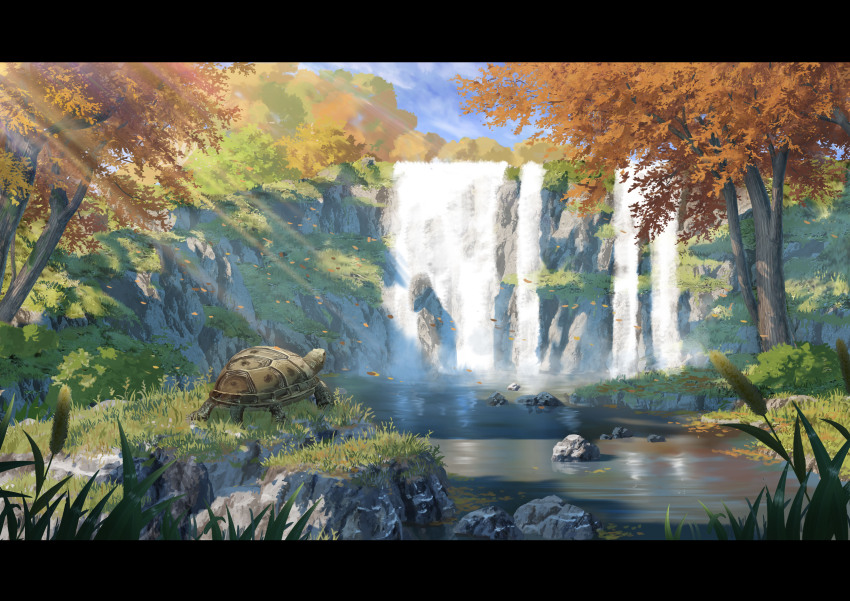 absurdres animal autumn autumn_leaves blue_sky cloud cloudy_sky day grass highres leaf no_humans original outdoors river scenery shade sky sumassha_t_t tortoise tree turtle water waterfall