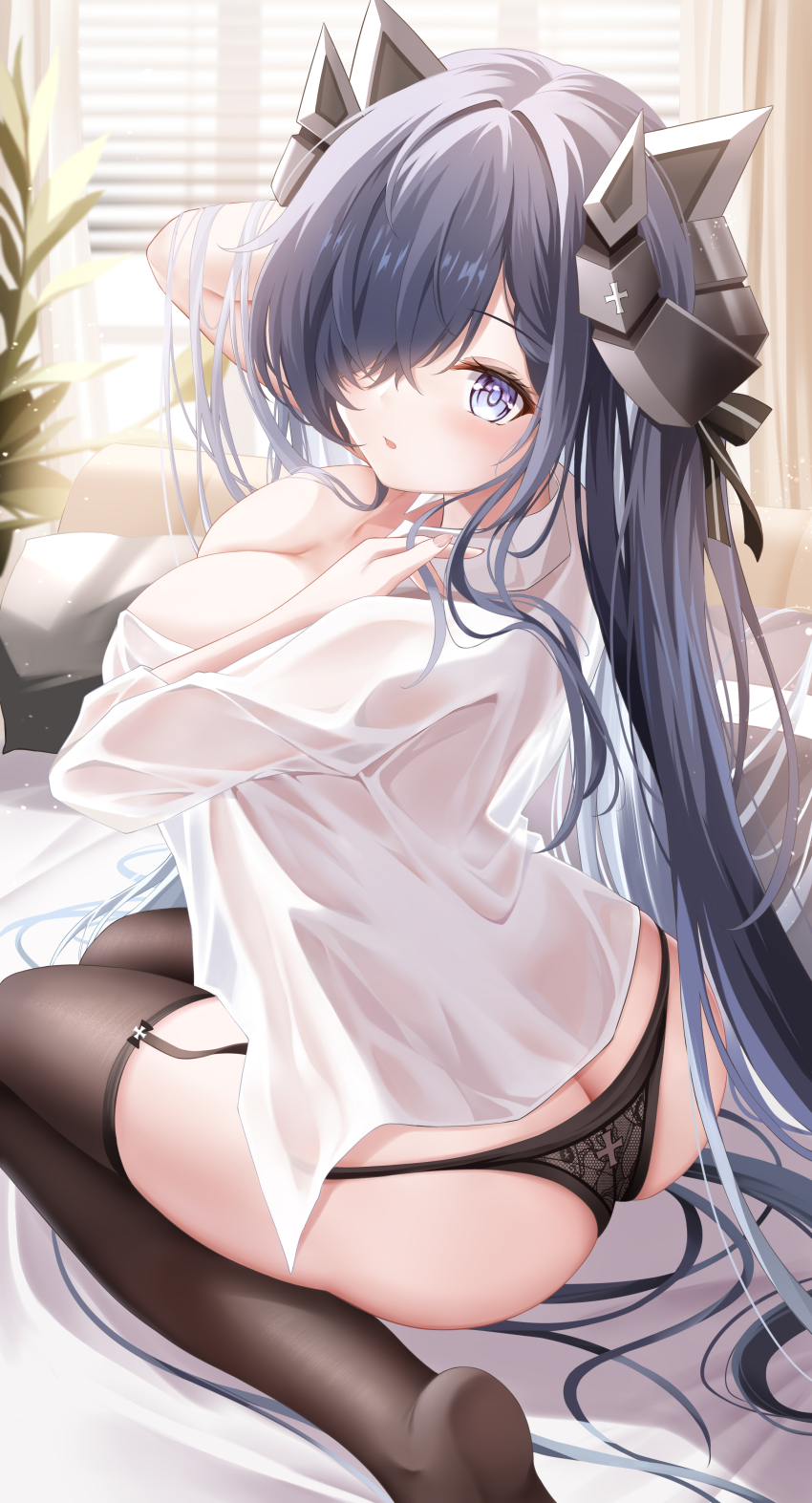 1girl absurdres arm_up ass august_von_parseval_(azur_lane) august_von_parseval_(the_unhulde&#039;s_midday_respite)_(azur_lane) azur_lane bed_sheet black_bow black_horns black_panties black_thighhighs blue_eyes blush bow breasts cleavage collarbone collared_shirt commentary cross curled_horns from_behind garter_straps grey_hair hair_between_eyes hair_bow hair_lift hair_over_one_eye hair_spread_out hand_in_own_hair highres horns indoors iron_cross large_breasts light_particles long_hair looking_at_viewer looking_back mechanical_horns official_alternate_costume on_bed open_mouth panties plant proverbs_zhenyan see-through_clothes see-through_shirt seiza shirt sitting solo thighhighs thighs underwear very_long_hair white_shirt window window_blinds