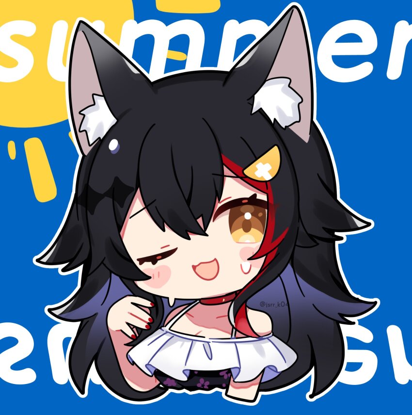 1girl :3 ;d animal_ear_fluff bikini black_bikini black_hair blue_background blush_stickers breasts chibi chibi_only choker cleavage collarbone commentary cropped_torso double-parted_bangs hair_between_eyes hand_up highres hololive hot kashiwase_karune long_hair looking_at_viewer multicolored_hair off-shoulder_bikini off_shoulder one_eye_closed ookami_mio open_mouth red_choker red_hair smile solo streaked_hair summer sweat swimsuit twitter_username virtual_youtuber yellow_eyes