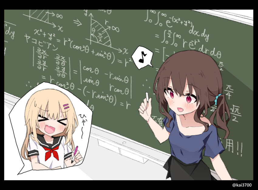 &gt;_&lt; 2girls :d black_skirt blonde_hair blush chalk chalkboard hair_ornament holding holding_pen kai3700 long_hair math multiple_girls musical_note open_mouth original otowa-san_(sensei_to_mondaiji?_no_yuri) otowa-san_(young)_(sensei_to_mondaiji?_no_yuri) pen pencil_skirt purple_shirt red_eyes school_uniform sensei_(sensei_to_mondaiji?_no_yuri) sensei_to_mondaiji?_no_yuri_(kai3700) serafuku shirt skirt smile speech_bubble spoken_musical_note teacher teacher_and_student teaching white_shirt yuri
