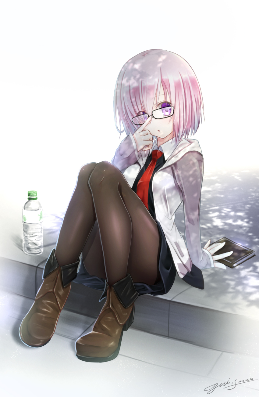 1girl adjusting_eyewear arm_support black_skirt book boots bottle brown_boots convenient_leg day fate_(series) female_focus glasses highres jacket looking_at_viewer mash_kyrielight miniskirt necktie outdoors pantyhose pink_hair purple_eyes red_necktie short_hair signature skirt solo water_bottle yuitsuki1206