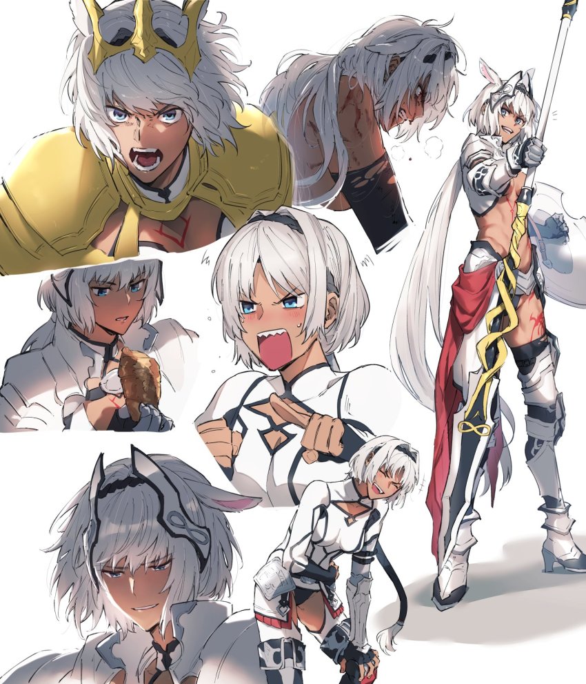 1girl animal_ears armor blue_eyes blush caenis_(fate) caenis_(first_ascension)_(fate) caenis_(second_ascension)_(fate) caenis_(third_ascension)_(fate) dark-skinned_female dark_skin fate/grand_order fate_(series) headgear highres laughing long_hair pointing polearm sabamori sharp_teeth shield teeth thighhighs very_long_hair weapon white_background