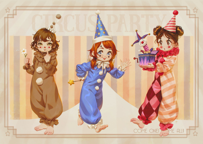 3girls alkemanubis argyle argyle_clothes barefoot blue_eyes blue_hat blue_onesie blush bow brown_background brown_bow brown_eyes brown_hair brown_onesie circus clown clown_nose crescent_print double_bun facepaint facial_mark flower hair_bow hair_bun hand_on_own_hip hat highres holding holding_flower holding_wand index_finger_raised jack-in-the-box lipstick looking_at_viewer low_twintails makeup multiple_girls neck_ribbon onesie open_mouth orange_onesie original pink_hat pink_onesie pom_pom_(clothes) print_headwear red_hair red_lips ribbon short_hair smile squirt_flower standing standing_on_one_leg star_(symbol) star_facial_mark star_on_cheek star_print striped_background striped_clothes striped_headwear teeth twintails walking wand waving white_flower white_hat white_ribbon wizard_hat