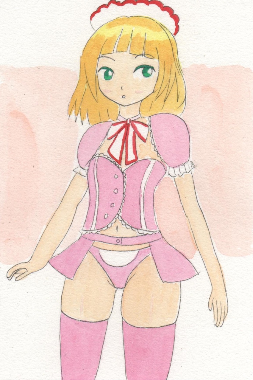 1girl blonde_hair blush bow bowtie buruma corset gochuumon_wa_usagi_desu_ka? green_eyes highres kirima_syaro lingerie long_hair looking_to_the_side maid maid_headdress marduk_(pixiv240078) navel open_mouth panties pink_background pink_buruma pink_corset pink_outfit pink_panties pink_skirt pink_theme pink_thighhighs red_bow red_bowtie short_sleeves skirt standing thighhighs underwear