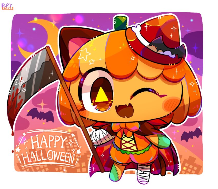 1girl animal_ears arm_at_side bandaged_arm bandaged_leg bandages bat_(animal) blood bloody_weapon border bow bowtie bright_pupils brown_eyes cape cat_ears cat_tail chibi chibi_only colored_skin commentary_request crescent crescent_moon cross-laced_clothes cross-laced_top fangs full_body happy_halloween hat holding holding_scythe legs_apart moon one_eye_closed open_mouth orange_bow orange_bowtie orange_hair orange_shorts orange_skin original outline outside_border pepoyo puffy_shorts red_cape red_hat scythe shorts signature skin_fangs smile solo sparkle standing stitched_arm stitched_leg stitches symbol-shaped_pupils tail tongue triangle-shaped_pupils weapon white_border white_outline wing_hat_ornament yellow_pupils