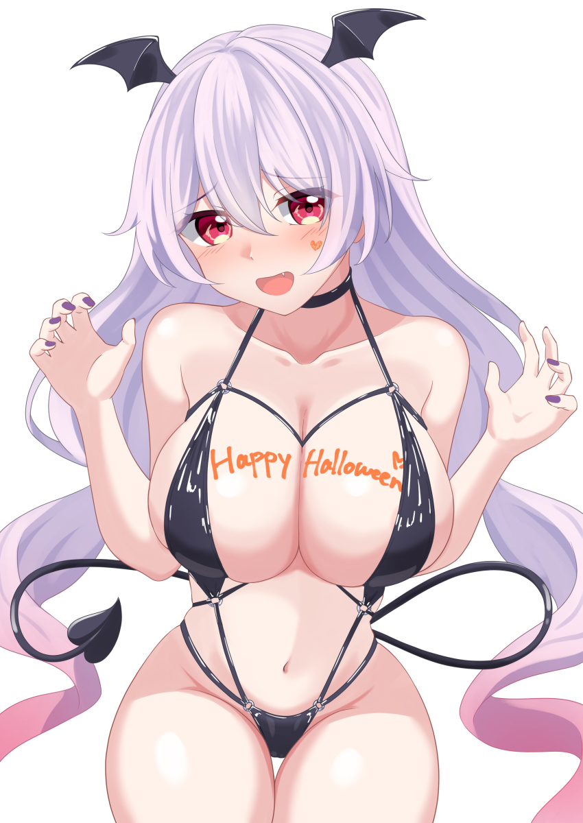 1girl absurdres black_slingshot_swimsuit body_writing breasts commentary_request demon_tail facial_mark fake_tail fang happy_halloween heart heart_facial_mark highres honkai_(series) honkai_impact_3rd large_breasts long_hair navel open_mouth purple_nails red_eyes rein_(rainliquid) slingshot_swimsuit solo stomach swimsuit tail theresa_apocalypse theresa_apocalypse_(luna_kindred) theresa_apocalypse_(lunar_vow:_crimson_love) very_long_hair white_background white_hair