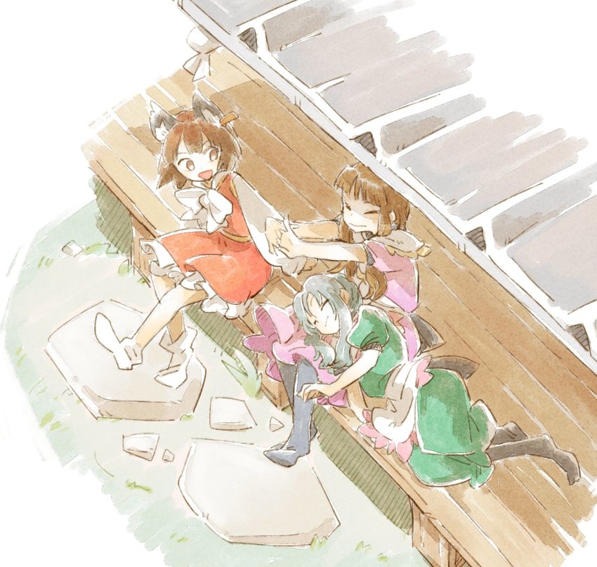 3girls :d animal_ear_fluff animal_ears apron black_pantyhose bow bowtie brown_eyes brown_hair cat_ears chen closed_eyes dress earrings from_above grass green_dress green_hair green_headwear highres jewelry lap_pillow long_hair multiple_girls nishida_satono open_mouth pantyhose pink_dress puffy_short_sleeves puffy_sleeves red_dress rock short_hair short_sleeves single_earring sitting smile stretching teireida_mai touhou veranda waist_apron white_bow white_bowtie white_footwear ziro_(daydozen)