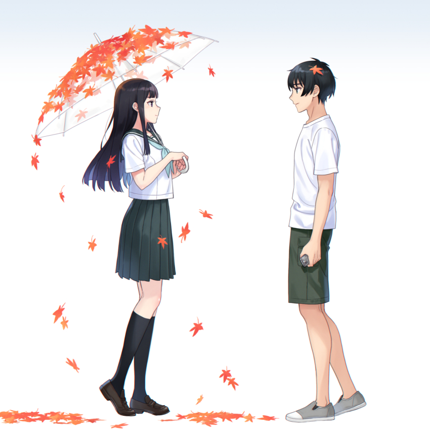 1boy 1girl black_hair black_sailor_collar black_socks blue_neckerchief brown_footwear from_side green_eyes green_shorts green_skirt grey_footwear hanashiro_anzu highres holding holding_umbrella ito_fumi kneehighs leaf loafers looking_at_another maple_leaf medium_hair natsu_e_no_tunnel_sayonara_no_deguchi neckerchief pleated_skirt purple_eyes sailor_collar school_uniform shirt shoes short_hair short_sleeves shorts simple_background skirt socks t-shirt touno_kaoru transparent transparent_umbrella umbrella white_background white_shirt