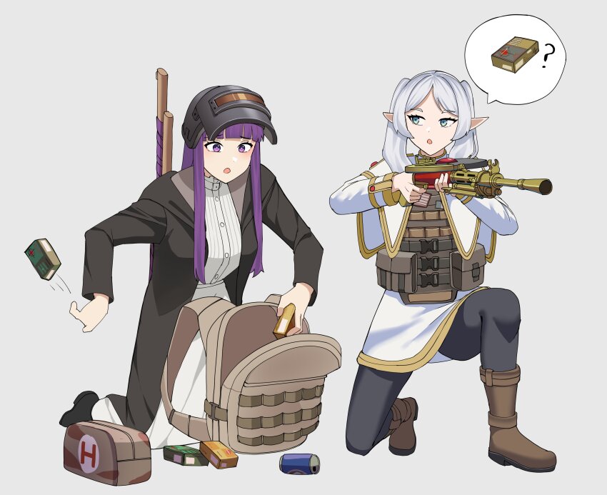 2girls absurdres backpack bag can capelet combat_helmet dp-27 dress drink_can fern_(sousou_no_frieren) frieren gar32 gun helmet highres long_hair machine_gun multiple_girls playerunknown&#039;s_battlegrounds purple_hair sousou_no_frieren squatting very_long_hair weapon white_capelet white_dress white_hair