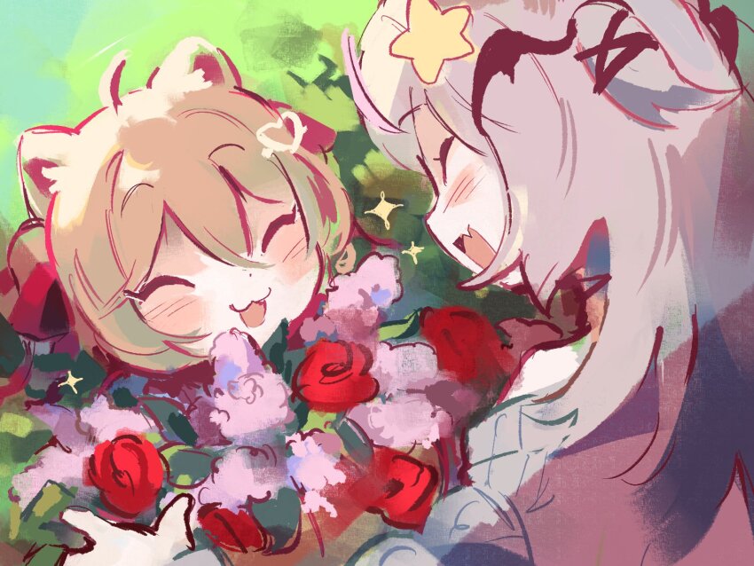:3 ahoge animal_ears annytf blush brown_hair cat_ears cat_girl closed_eyes fang flower fox_girl grey_hair hair_between_eyes hair_ornament hair_ribbon hashtag-only_commentary head_wings heart heart_hair_ornament highres indie_virtual_youtuber long_hair multicolored_hair neuro-sama open_mouth pasharuu pink_hair red_ribbon ribbon skin_fang star_(symbol) star_hair_ornament two_side_up virtual_youtuber wings