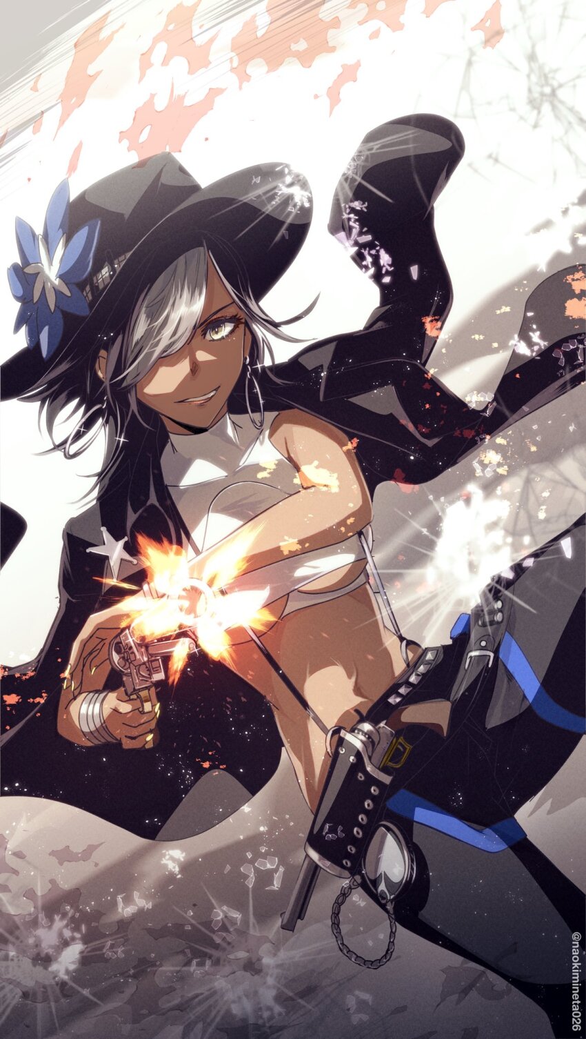1girl belt_buckle black_hair black_hat black_pants bracelet breasts buckle collarbone colt_walker colt_walker_(girls&#039;_frontline) cowboy_hat dark-skinned_female dark_skin earrings girls&#039;_frontline gun hair_over_one_eye handgun hat highres hoop_earrings jewelry large_breasts leather leather_pants mineta_naoki pants revolver revolver_fanning sleeveless_turtleneck_crop_top solo underboob weapon