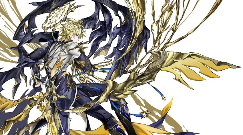 1boy alternate_form asymmetrical_wings black_shirt black_wings blonde_hair cracked_skin from_behind glitterpizza_00 hair_between_eyes halo halo_behind_head highres holding holding_sword holding_weapon honkai:_star_rail honkai_(series) looking_at_viewer looking_back male_focus material_growth phainon_(honkai:_star_rail) shirt short_hair simple_background solo sword torn_clothes torn_shirt weapon white_background wings yellow_blood yellow_eyes yellow_wings
