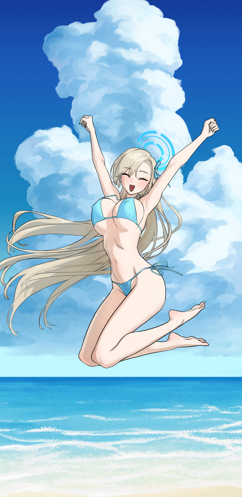 1girl absurdres arms_up asuna_(blue_archive) barefoot bikini blonde_hair blue_archive blue_bikini blue_halo blush breasts cleavage closed_eyes covered_erect_nipples groin hair_over_one_eye halo highres jumping large_breasts leg_up long_hair meganeura224 navel open_mouth side-tie_bikini_bottom smile solo swimsuit thighs very_long_hair
