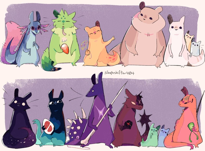 ^_^ alternate_fur_color artificer_(rain_world) artist_name axolotl_ears axolotl_tail black_eyes blue_fur blush bomb bone brown_fur burn_scar closed_eyes creature explosive facial_mark flower fluffy forehead_mark gourmand_(rain_world) gradient_fur gradient_tail green_fur hand_up highres holding holding_bomb holding_bone holding_flower holding_lantern holding_polearm holding_weapon hunter_(rain_world) inv_(rain_world) karma_flower_(rain_world) lantern long_tongue looking_at_another looking_at_creature looking_at_viewer looking_back material_growth missing_ear monk_(rain_world) monster neuron_fly_(rain_world) no_humans no_mouth nose_blush orange_fur pink_eyes polearm purple_background purple_fur rain_world red_fur rivulet_(rain_world) saint_(rain_world) scar scar_across_eye scar_on_chest scar_on_face scar_on_hand scar_on_tail shapeshifter404 siblings signature singularity_bomb_(rain_world) slugcat slugpup spear spearmaster_(rain_world) spotted_tail standing striped_tail survivor_(rain_world) tail tongue tongue_out watcher_(rain_world) weapon whiskers white_background white_eyes white_fur wide-eyed x x_facial_mark yellow_fur