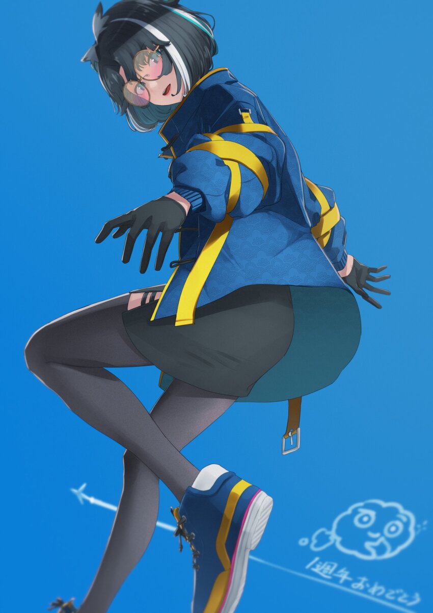 1girl absurdres aircraft airplane animare atsushima black_dress black_gloves black_hair blue_background blue_hair blue_jacket blue_shoes commentary_request dress foot_out_of_frame glasses gloves grey_thighhighs highres jacket long_sleeves looking_at_viewer multicolored_hair nanashi_inc. open_mouth oura_rukako oura_rukako_(2nd_costume) pink-tinted_eyewear round_eyewear shoes short_dress short_hair simple_background smile sneakers solo streaked_hair thighhighs tinted_eyewear translation_request virtual_youtuber white_hair yellow-framed_eyewear