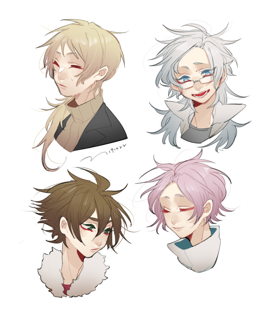 4boys alternate_hair_length alternate_hairstyle atou_haruki black_jacket blonde_hair blue_eyes bright_pupils brown_hair chinese_commentary closed_eyes closed_mouth commentary_request fangs glasses green_eyes grey_shirt hatsutori_hajime highres isoi_reiji jacket kanou_aogu long_hair male_focus multiple_boys open_clothes open_jacket open_mouth parted_bangs pink_hair rectangular_eyewear red_shirt saibou_shinkyoku shirt short_hair simple_background smile sweat white_background white_hair white_jacket white_pupils white_shirt yokuhaku