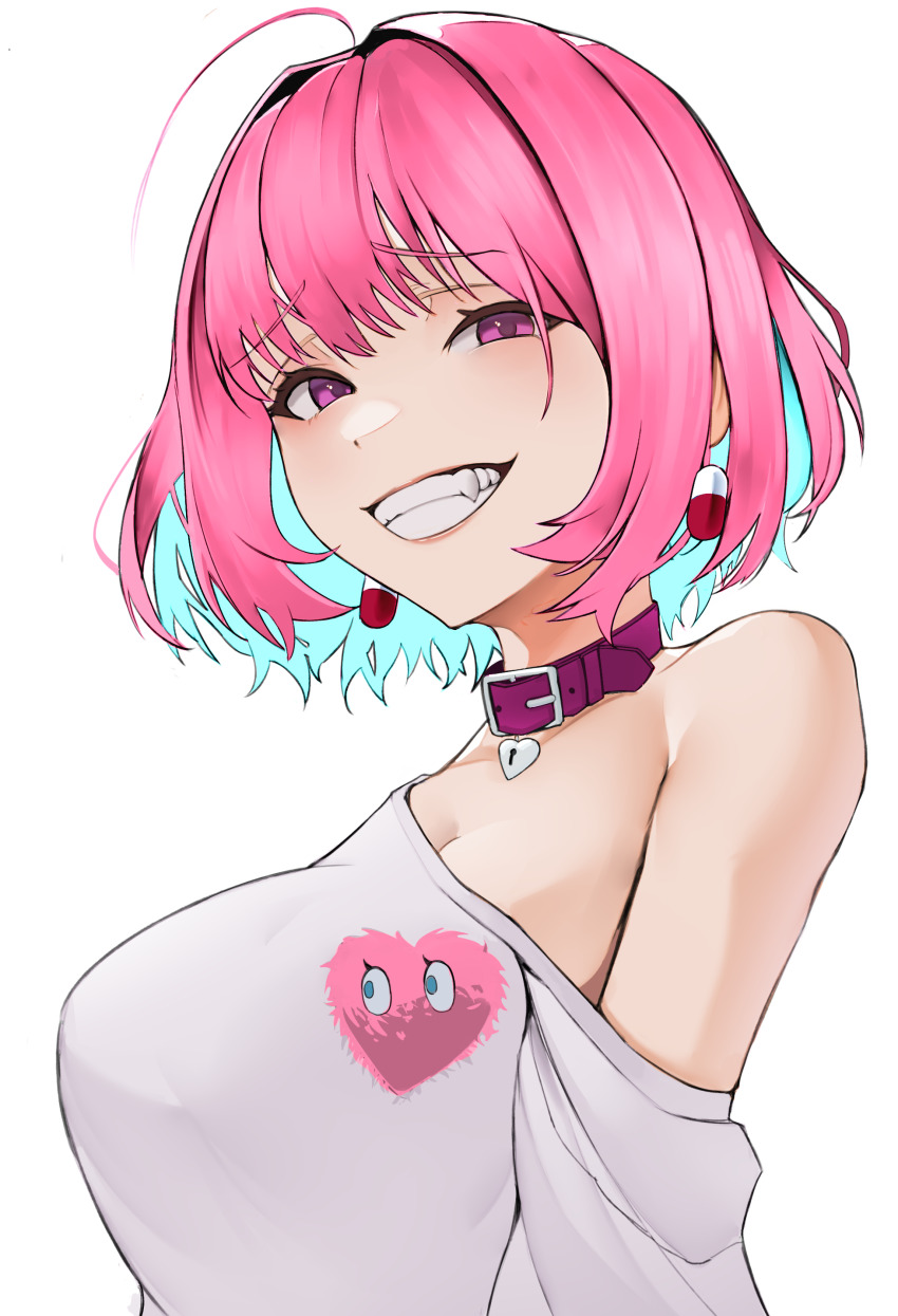 1girl absurdres ahoge bare_shoulders belt_collar blue_hair breasts collar colored_inner_hair dot_nose earrings fang from_below grin hair_intakes harris_hero heart_lock highres idolmaster idolmaster_cinderella_girls jewelry large_breasts looking_at_viewer multicolored_hair off-shoulder_shirt off_shoulder pill_earrings pink_eyes pink_hair shirt short_hair smile smug solo standing teeth upper_body white_background white_shirt yumemi_riamu