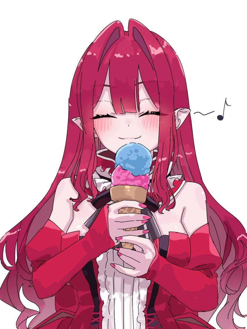 1girl baobhan_sith_(fate) baobhan_sith_(first_ascension)_(fate) blush breasts closed_eyes closed_mouth detached_sleeves dress facing_viewer fate/grand_order fate_(series) food frilled_dress frills highres holding holding_food holding_ice_cream humming ice_cream long_hair niwaikanai pink_hair pointy_ears red_dress smile solo upper_body white_background