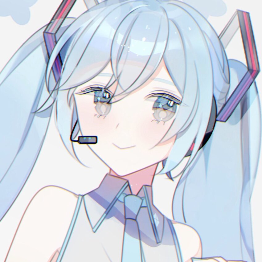 1girl aqua_eyes aqua_hair black_skirt blue_necktie close-up collared_shirt commentary hair_ornament hatsune_miku headset highres necktie see-through_clothes see-through_sleeves shirt sidelocks skirt sleeveless sleeveless_shirt smile solo twintails vocaloid yuzuki_(yuzuplanet)