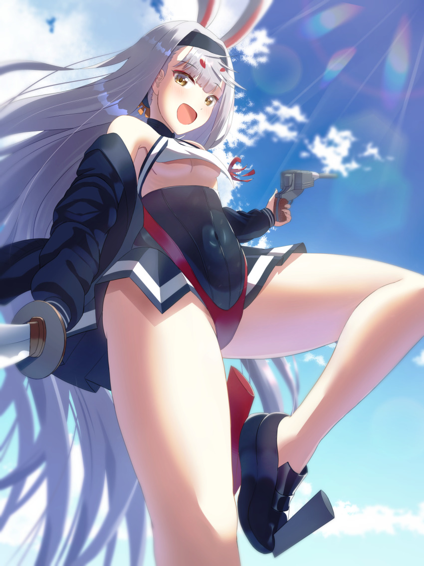 1girl animal_ears azur_lane bikini bikini_bottom_only bikini_over_clothes black_jacket black_shoes black_skirt breasts brown_eyes cloud covered_navel from_below gun hairband handgun highres jacket leg_lift leg_up legs long_hair looking_down miniskirt off_shoulder open_mouth outdoors pleated_skirt rabbit_ears rabbit_girl red_bikini shimakaze_(azur_lane) shirt shoes skirt sky small_breasts smile solo standing standing_on_one_leg swimsuit sword tako-san_wiener_(takosanuma) thighs underboob very_long_hair weapon white_hair white_shirt