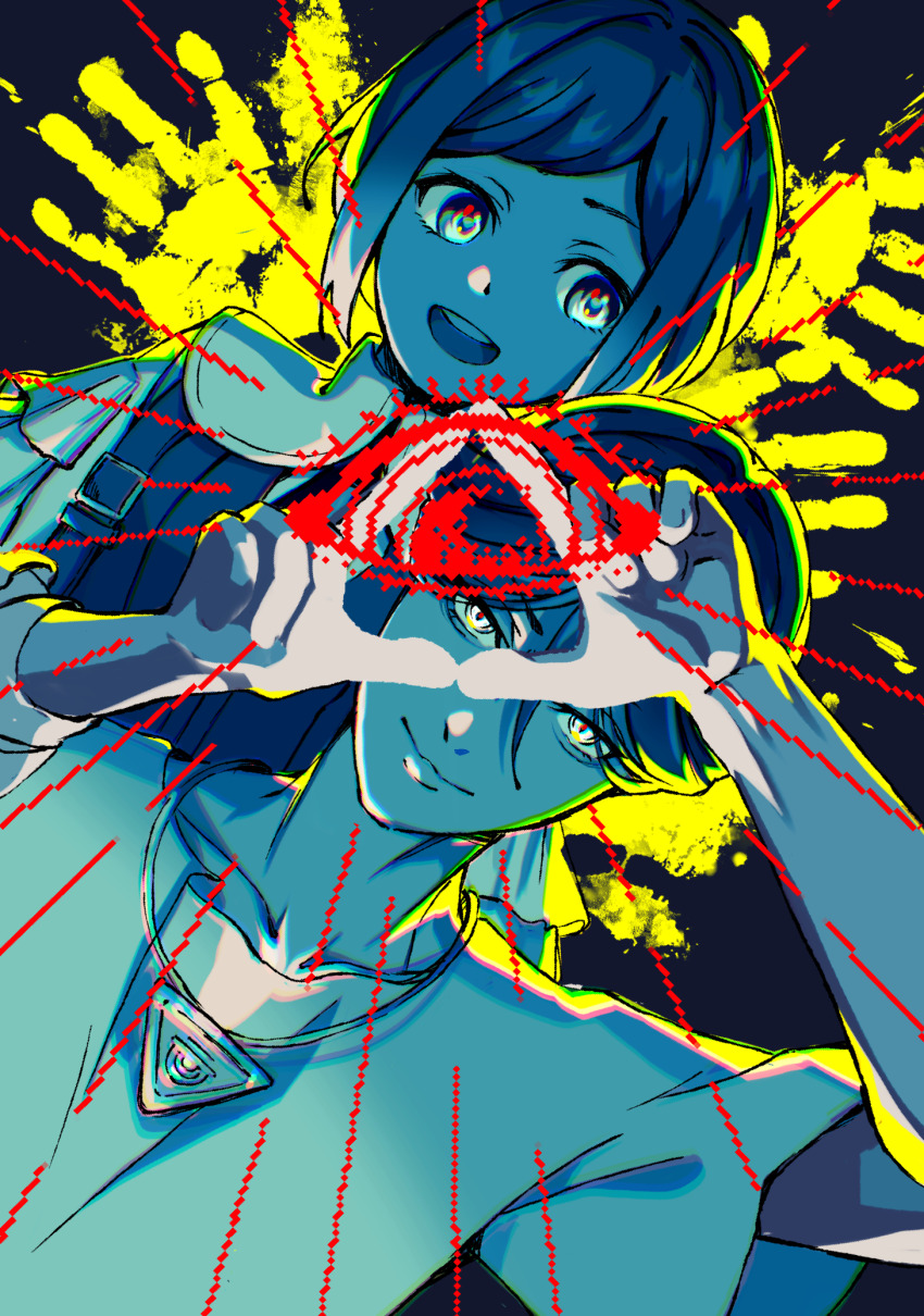 1boy 1girl :d backlighting blue_theme chromatic_aberration collared_shirt commentary_request disembodied_eye frilled_shirt frilled_sleeves frills fukurai_azami handprint hands_up highres limited_palette long_sleeves looking_at_another looking_at_viewer meguriya_ayumu mkr_(wepn3428) open_mouth own_hands_together shirt short_hair short_sleeves smile toshi_densetsu_kaitai_center triangle_hands triangle_necklace upper_body