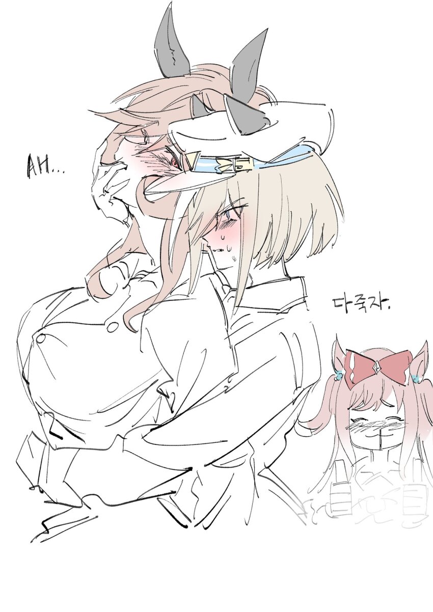 3girls :3 ^_^ animal_ears arm_around_waist aroused_nosebleed blood blue_eyes blush bow breasts brown_hair cheval_grand_(umamusume) closed_eyes collared_shirt commentary_request dellos_17 double_thumbs_up dress_shirt ear_covers ears_through_headwear finger_in_another&#039;s_mouth from_side front-to-back furrowed_brow gentildonna_(umamusume) hair_bow hat hat_belt head_back height_difference highres horse_ears horse_girl korean_commentary korean_text large_breasts long_hair long_sleeves multiple_girls nosebleed partially_colored peaked_cap pink_hair profile red_bow red_eyes shirt short_hair simple_background sweat thumbs_up translation_request two_side_up umamusume upper_body v-shaped_eyebrows white_background white_hat