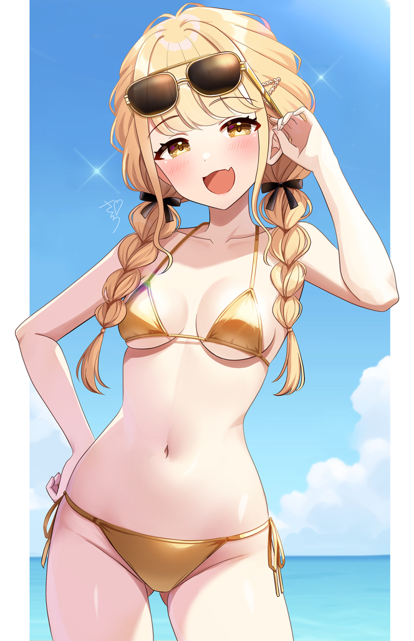 1girl alternate_costume bikini black_ribbon blonde_hair blush braid breasts breasts_apart collarbone commentary_request cowboy_shot eyewear_on_head fang fujita_kotone gakuen_idolmaster gluteal_fold gold_bikini groin hair_ribbon halterneck hand_on_own_hip highres idolmaster long_hair looking_at_viewer medium_breasts navel outdoors pillarboxed ribbon sakura_ran side-tie_bikini_bottom signature skin_fang smile solo stomach string_bikini sunglasses swimsuit thighs twin_braids yellow_eyes