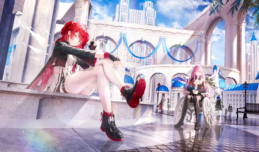 absurdres angel arch arknights bench bird black_boots black_gloves black_jacket black_shoes black_shorts blue_sky boots building character_request chinese_commentary cloud commentary_request cropped_jacket crossed_legs day detached_wings energy_wings exusiai_(arknights) exusiai_the_new_covenant_(arknights) fingerless_gloves glint gloves halo hand_on_own_knee hand_up hands_on_lap head_tilt highres jacket lace-up_boots lemuen_(arknights) light_blush long_hair looking_at_viewer mostima_(arknights) multicolored_shoes multiple_girls one_side_up open_clothes open_jacket outdoors outstretched_arm own_hands_together parted_lips people pink_hair rainbow red_hair red_shoes reflective_floor ressec shirt shoes short_shorts shorts sitting sky smile sparkle standing thigh_boots thigh_strap thighhighs traditional_halo two-tone_shoes w wheelchair white_bird white_shirt white_thighhighs wings yellow_eyes