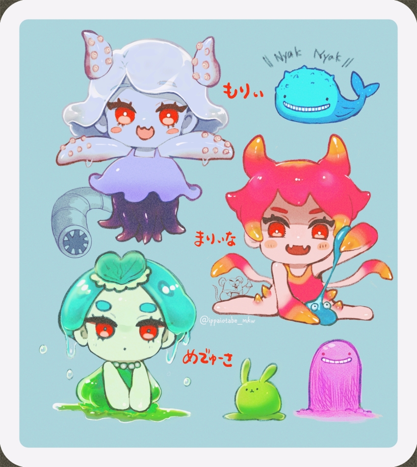3girls aged_down animal baby blue_background blue_dress blue_skin blush_stickers border colored_skin dress evil_smile expressionless fangs gradient_hair green_headwear green_skin hat highres holding humphrey_(omori) ippaiotabe_mkw marina_(omori) medusa_(omori) molly_(omori) monster_girl mouse_(animal) multicolored_hair multiple_girls multiple_legs omori open_mouth orange_eyes outstretched_arms rabbit red_eyes red_skin shaded_face short_hair skin_fangs slime_(substance) slime_girl smile spread_arms streaked_hair tentacle_hair tentacle_hands tentacles twitter_username wavy_mouth whale white_border