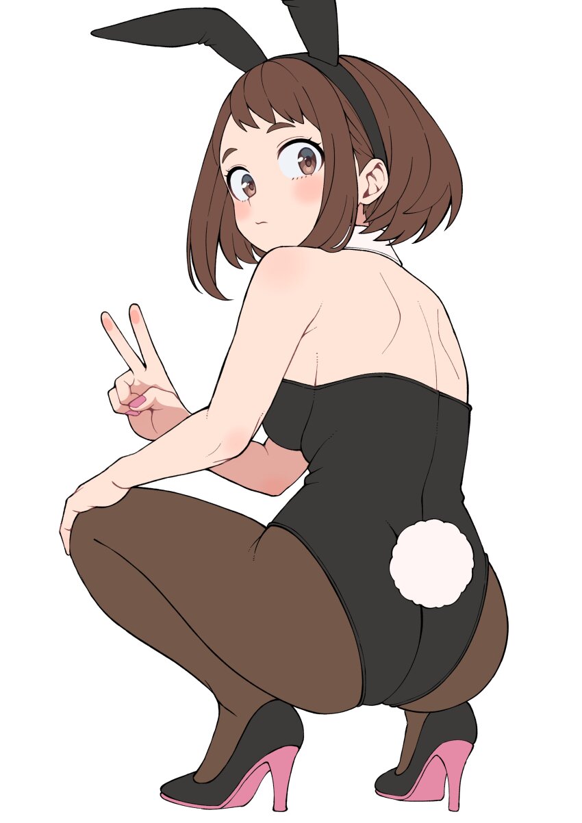 1girl absurdres alternate_costume animal_ear_hairband animal_ears ass bare_shoulders black_leotard boku_no_hero_academia bow bowtie breasts brown_eyes brown_hair detached_collar expressionless fake_animal_ears fake_tail from_behind full_body hairband hand_on_own_knee high_heels highleg highleg_leotard highres kobaji leotard looking_at_viewer medium_breasts pantyhose pink_nails playboy_bunny rabbit_ear_hairband rabbit_ears rabbit_tail short_hair simple_background solo squatting strapless strapless_leotard tail traditional_bowtie uraraka_ochako v white_background