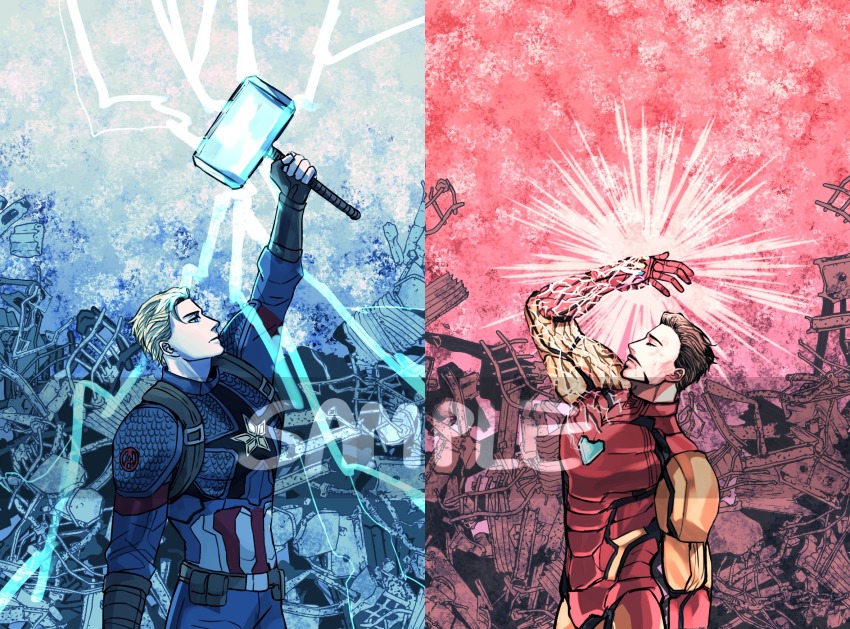 2boys animification arc_reactor arm_up armor avengers:_endgame avengers_(series) belt blonde_hair blue_background blue_bodysuit blue_eyes bodysuit brown_belt brown_gloves brown_hair captain_america closed_eyes closed_mouth commentary english_commentary facial_hair fingerless_gloves full_armor gloves highres holding holding_weapon infinity_gems iron_man lightning looking_up male_focus marvel marvel_cinematic_universe mjolnir_(marvel) multicolored_armor multiple_boys pocket power_armor red_armor red_background short_hair standing star_(symbol) steve_rogers superhero_costume tony_stark vertical-striped_bodysuit watermark weapon xxviolet yellow_armor
