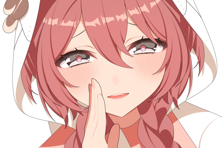1girl amayui_moka blush brown_hair close-up grey_eyes highres hood hood_up looking_at_viewer omas_lie open_mouth solo teeth upper_teeth_only virtual_youtuber vspo! white_background white_hood