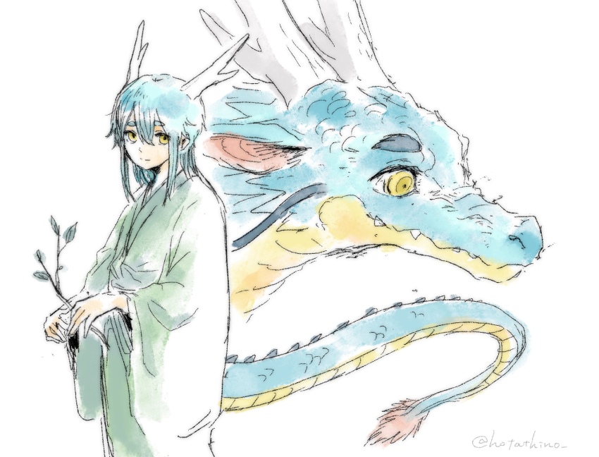 1boy blue_hair branch commentary_request cowboy_shot dragon dragon_boy dragon_horns dragon_tail dual_persona eastern_dragon eastern_dragon_tail green_kimono holding holding_branch horns hotathino japanese_clothes kimono looking_at_viewer male_focus medium_hair original simple_background solo tail white_background yellow_eyes