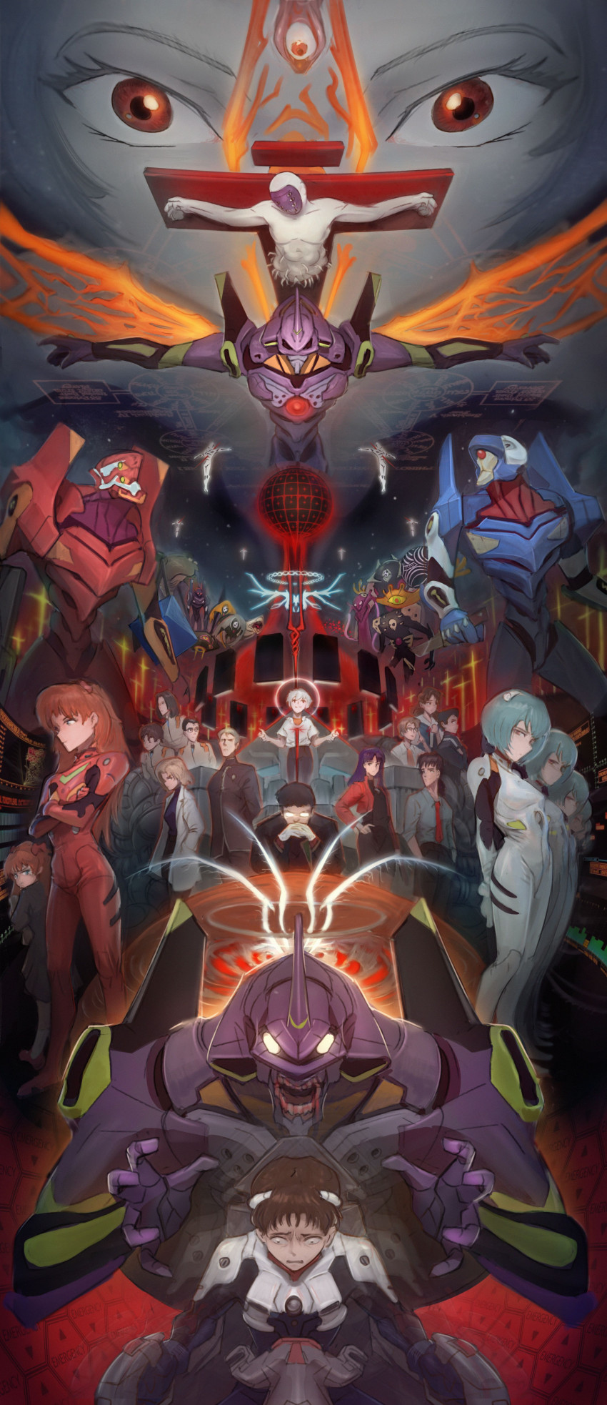6+boys 6+girls absurdres aida_kensuke akagi_ritsuko aoba_shigeru arael armisael_(evangelion) ayanami_rei bardiel_(evangelion) bident blonde_hair blue_eyes blue_hair brown_hair crucifixion energy_wings eva_00 eva_01 eva_02 eva_03 everyone extra_eyes fuyutsuki_kouzou gaghiel_(evangelion) gainax glasses green_eyes highres horaki_hikari humanoid_robot hyuuga_makoto ibuki_maya ikari_gendou ikari_shinji iruel israfel_(evangelion) kaji_ryouji katsuragi_misato leliel_(evangelion) lilith_(ayanami_rei) lilith_(evangelion) looking_at_viewer looking_down looking_to_the_side looking_up mass_production_eva matariel mecha mecha_pilot_suit multiple_boys multiple_girls nagisa_kaworu neon_genesis_evangelion one-eyed opaque_glasses open_hands open_mouth orange_hair orange_wings own_hands_clasped own_hands_together pilot_suit plugsuit_(evangelion) polearm ramiel_(evangelion) red_eyes robot sachiel_(evangelion) sahaquiel_(evangelion) sandalphon_(evangelion) sefirot shamshel_(evangelion) short_hair souryuu_asuka_langley suzuhara_touji the_end_of_evangelion weapon white_eyes wings zeruel_(evangelion) zhjake