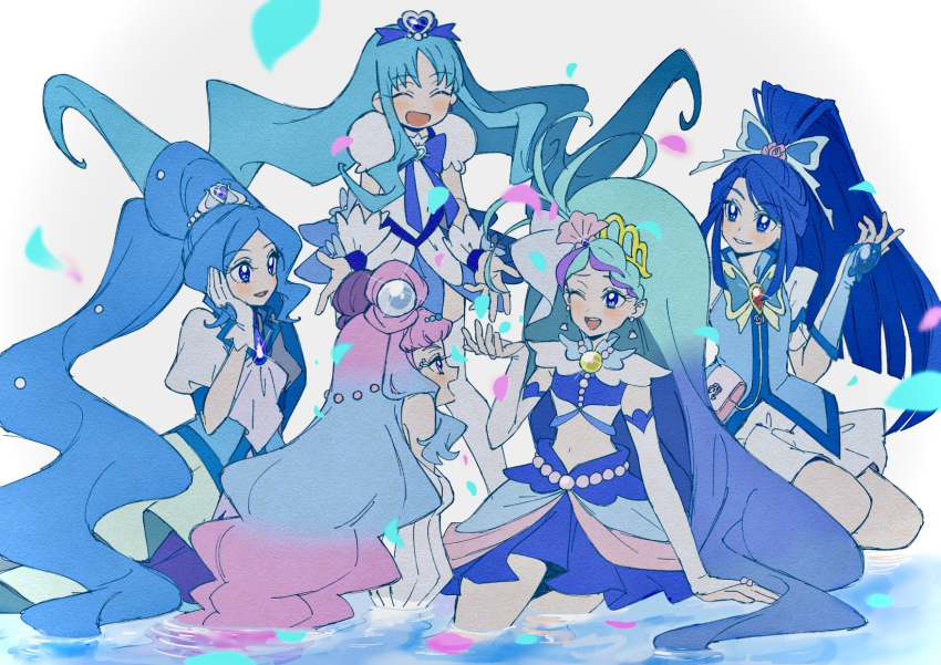 5girls aqua_hair arm_warmers ascot blue_bow blue_bowtie blue_hair blue_skirt blue_vest bow bowtie bridal_gauntlets brooch butterfly_hair_ornament crop_top cure_aqua cure_fontaine cure_la_mer cure_marine cure_mermaid detached_sleeves floating_hair flower flower_brooch gloves go!_princess_precure gradient_hair hair_ornament healin&#039;_good_precure heart heart_brooch heartcatch_precure! high_ponytail highres in-franchise_crossover jewelry kaidou_minami kurumi_erika laura_la_mer long_hair magical_girl midriff minazuki_karen miniskirt multicolored_hair multiple_girls navel partially_submerged pearl_hair_ornament petals pink_hair ponytail precure puffy_short_sleeves puffy_sleeves purple_hair rose sawaizumi_chiyu shirako_love shirt short_sleeves simple_background skirt sleeveless smile thighhighs tropical-rouge!_precure twintails two_side_up very_long_hair vest water white_ascot white_background white_gloves white_shirt white_skirt white_thighhighs white_wrist_cuffs wrist_cuffs yes!_precure_5